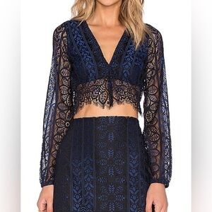 For Love & Lemons Lyla Lace Long Sleeve Crop Top in Navy & Black Sz. M